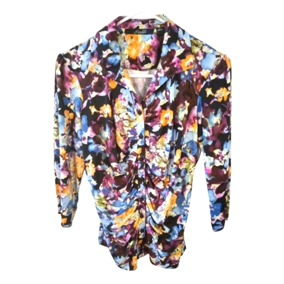 Multicolor Splatter Blouse Essentials by Milano Ruched Chest Tapered Romantic S - Picture 1 of 8